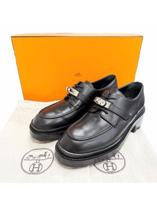 Hermes First Silver Kelly Buckle Derby Shoes Leather Loafers  display picture 2